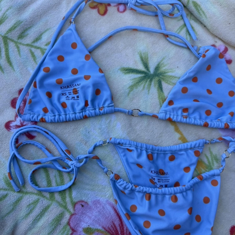 Khassani Blue Polka Dot String Ties Triangle Bikini Set - Picture 2 of 3